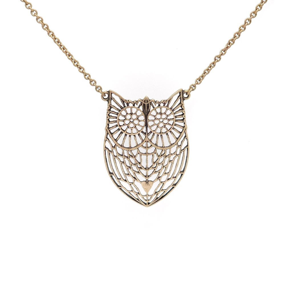 Antiqued Gold Owl Pendant Necklace Openwork Vintage Boho 32in Chain